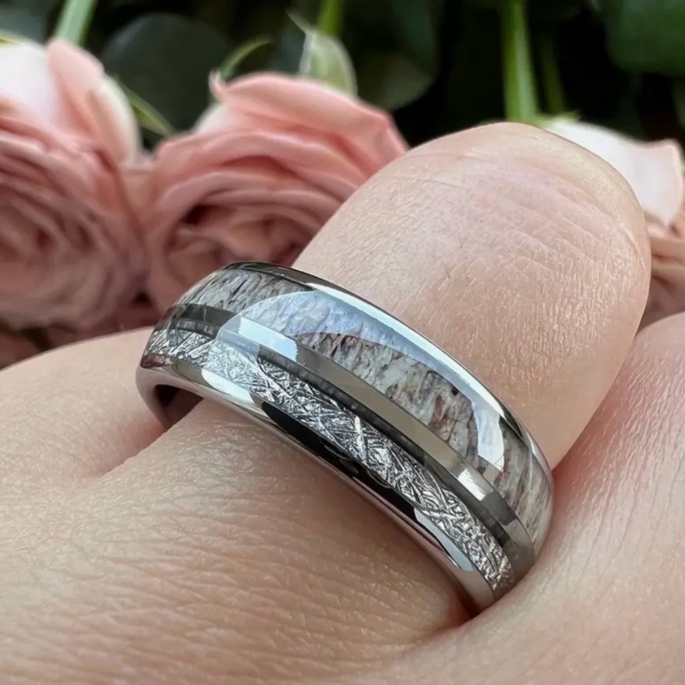 Men’s 304 Stainless Steel Silver Meteorite and Deer Antler Inlay Wedding Ring - Picture 5 of 12